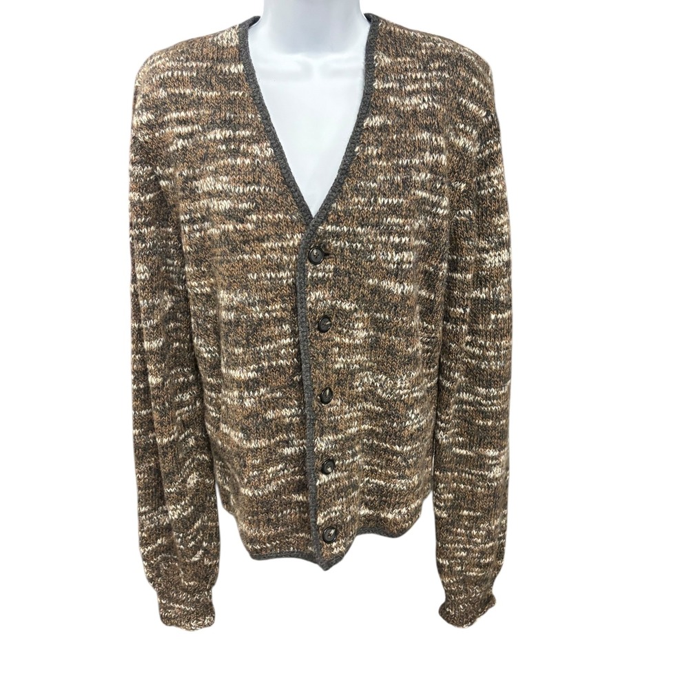 Handmade Mixed Knit Button Up Cardigan Sweater Brown Marled Pattern V Neck